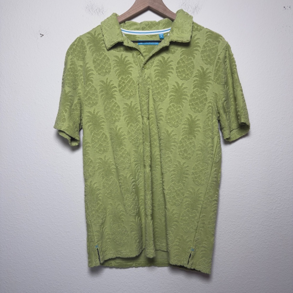 Tori Richard Men Cotton Polo Shirt Small Green Pineapple Terry Cloth Jacquard